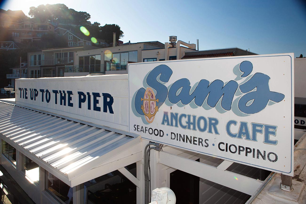 An exterior shot of Sam's Anchor Cafe in Tiburon, California.