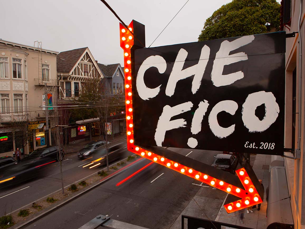 Che Fico Restaurant's illuminated exterior sign at their San Francisco location.