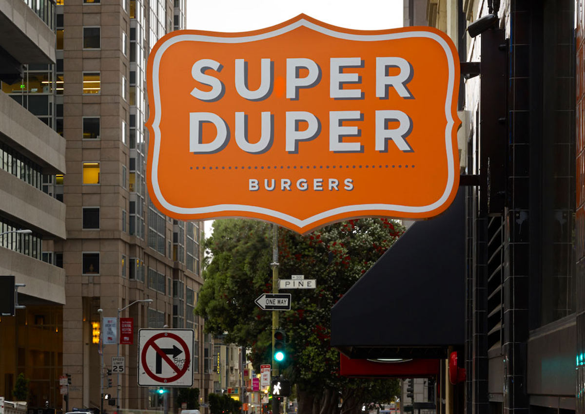Super Duper Burgers restaurant outdoor sign in San Francisco.